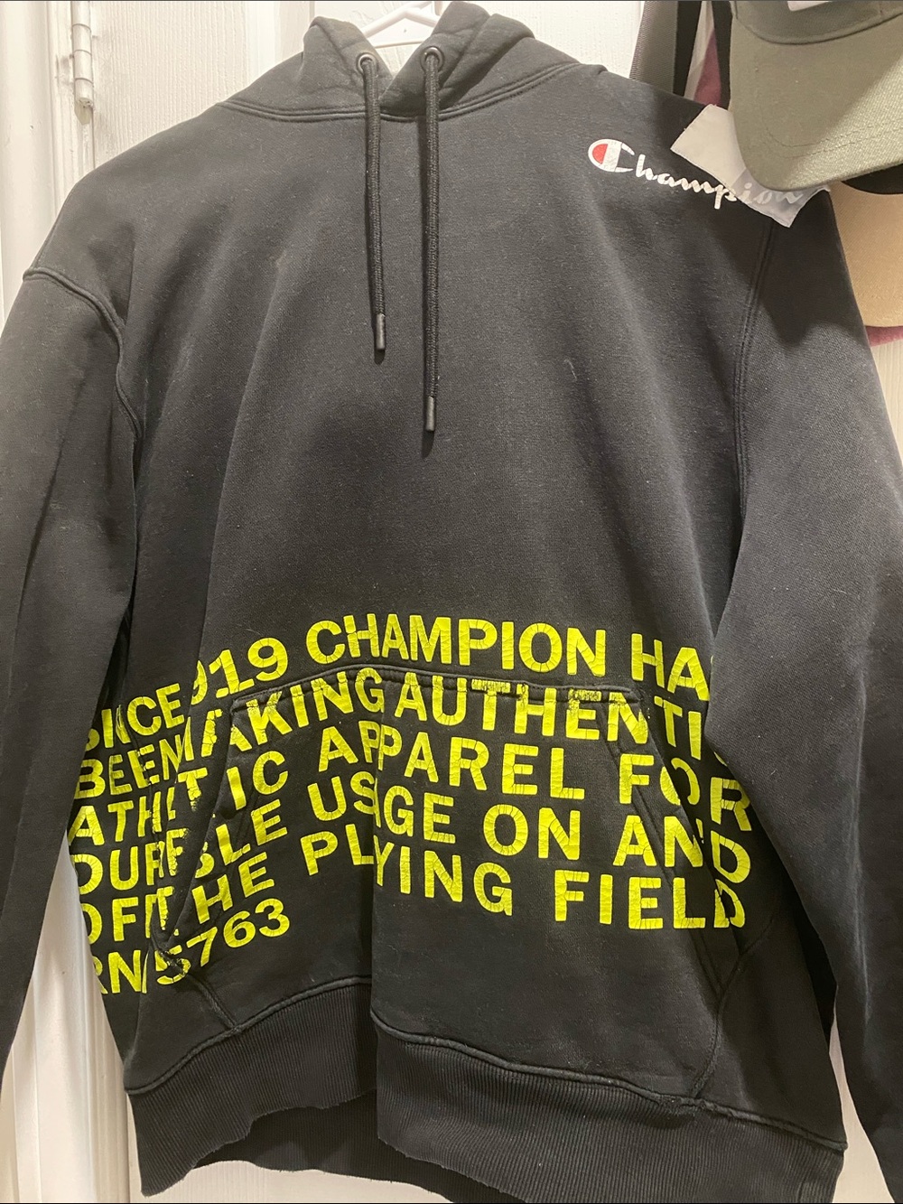 Champion Black Crewneck Hoodie with Yellow Graphic Text
